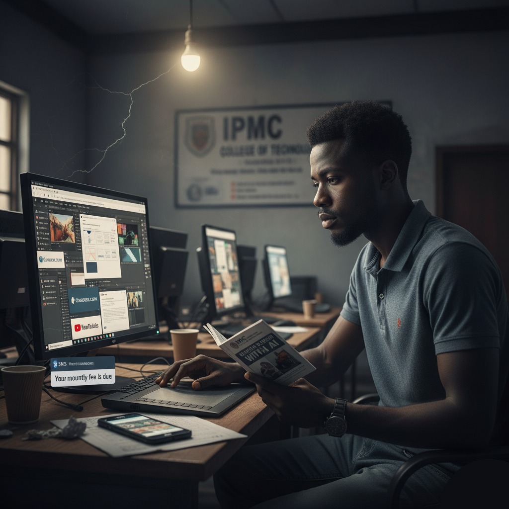 A frustrated student in an IPMC Ghana computer lab, self-studying graphic design on Coursera while holding an IPMC brochure, illustrating a critical student review.