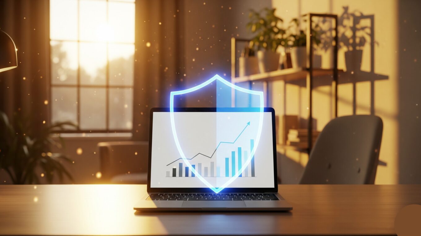 A laptop on a wooden home office desk protected by a glowing blue cybersecurity shield. The screen displays an upward-trending financial chart, symbolizing safe and legitimate ways to earn money online without getting scammed.