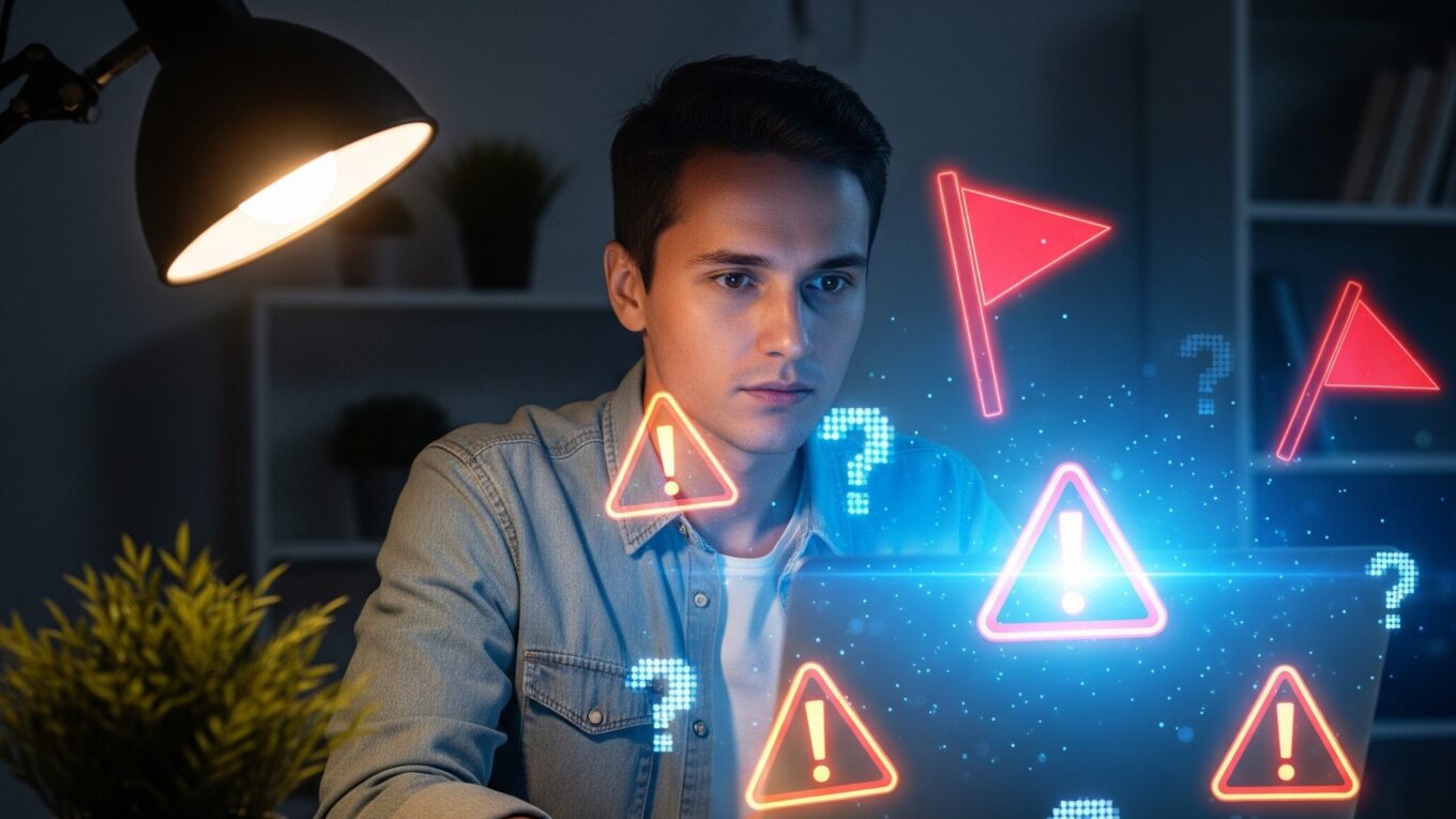 Man closely analyzing a laptop screen surrounded by glowing digital red flags and warning symbols, illustrating how to identify online scams and fraudulent job offers.