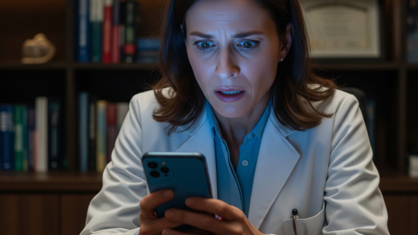 A female doctor in a white coat looking at her phone with a shocked expression, illustrating how psychological triggers in scams create immediate panic.