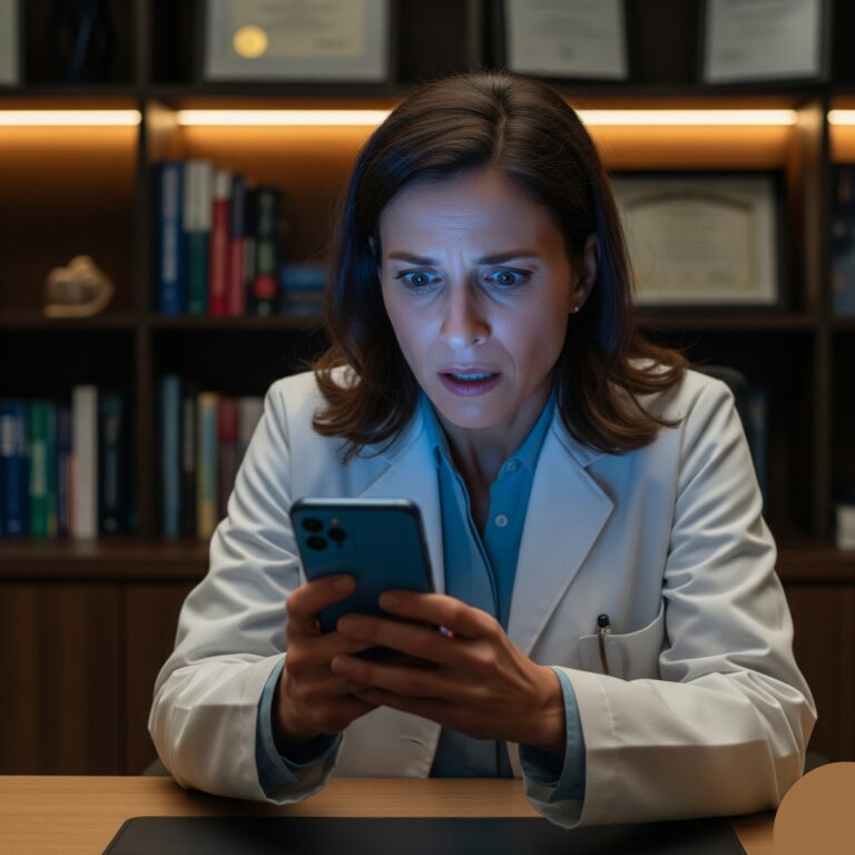 A female doctor in a white coat looking at her phone with a shocked expression, illustrating how psychological triggers in scams create immediate panic.