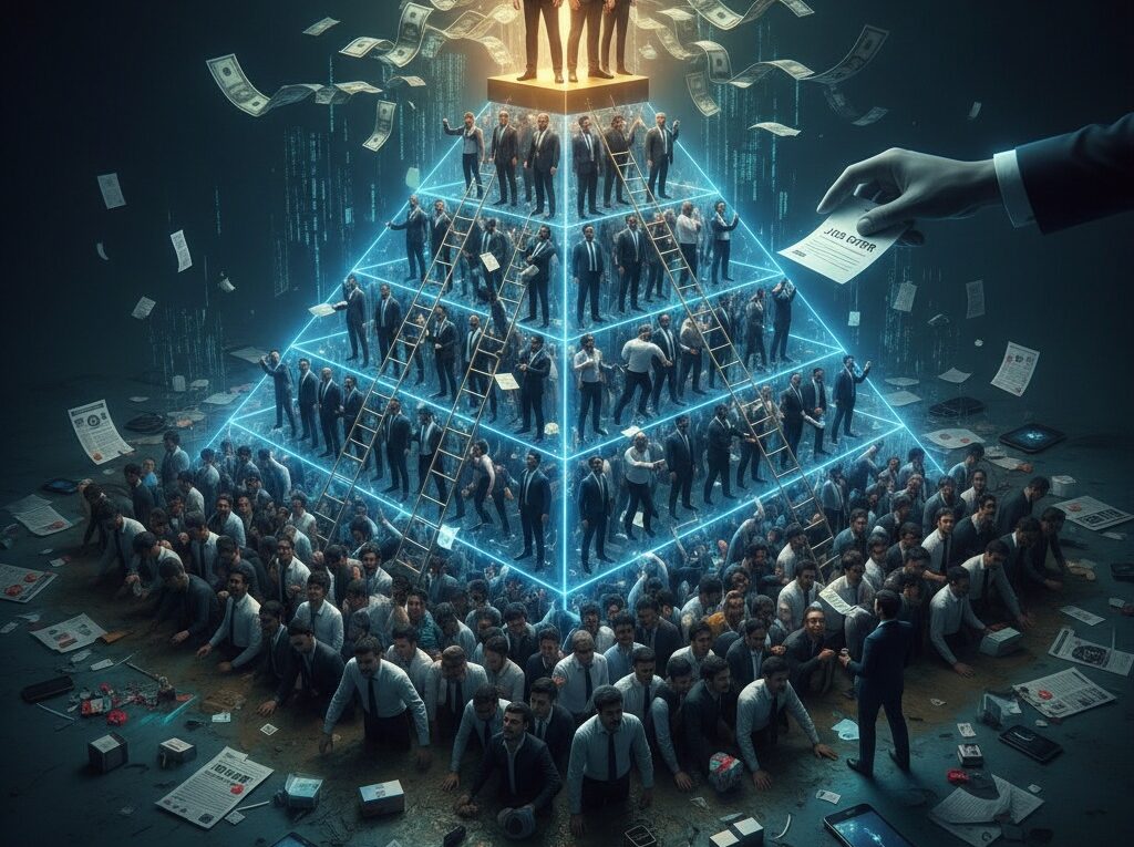 Conceptual image of the QNET job scam as a glowing pyramid scheme, showing a few people profiting at the top while a large base of new recruits supports the structure from below.