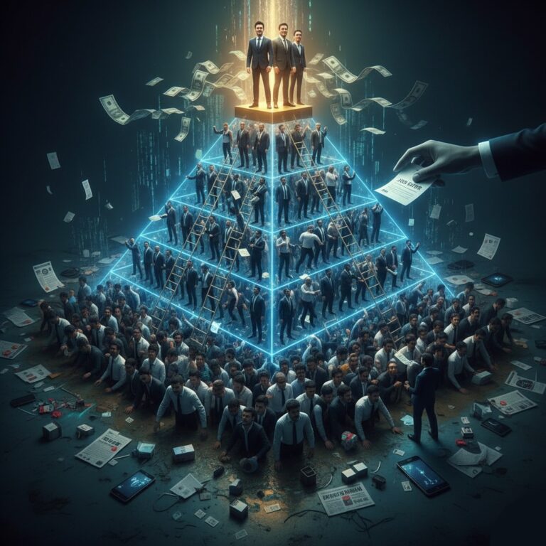Conceptual image of the QNET job scam as a glowing pyramid scheme, showing a few people profiting at the top while a large base of new recruits supports the structure from below.