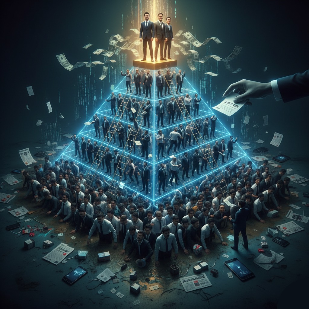 Conceptual image of the QNET job scam as a glowing pyramid scheme, showing a few people profiting at the top while a large base of new recruits supports the structure from below.