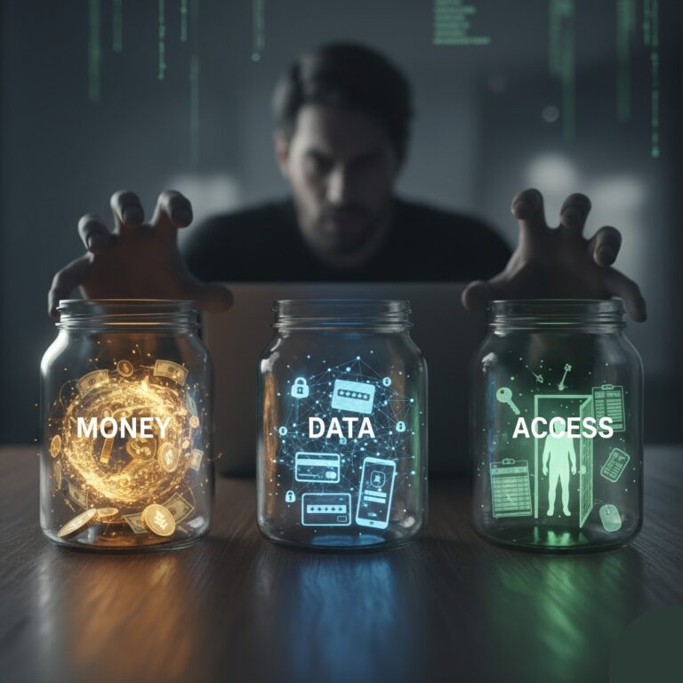 A blurry hacker figure with hands hovering over three glowing jars labeled "MONEY," "DATA," and "ACCESS," representing the targets of scammers.