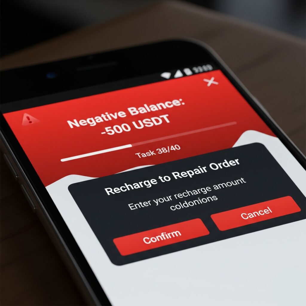 Smartphone screen displaying a fake product optimization job app with a red warning message showing a negative balance of -500 USDT and a pop-up demanding a recharge to repair the order.