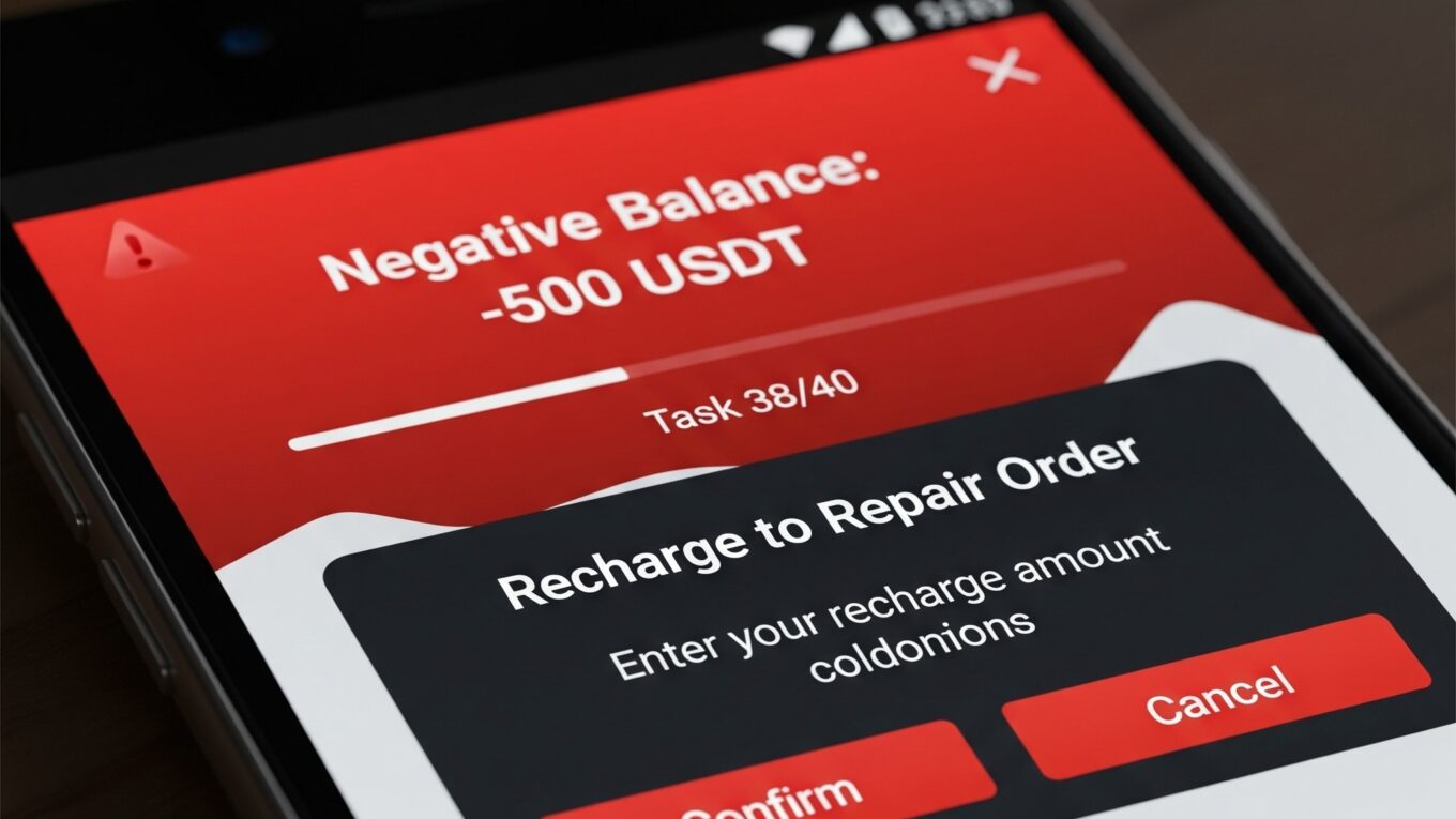 Smartphone screen displaying a fake product optimization job app with a red warning message showing a negative balance of -500 USDT and a pop-up demanding a recharge to repair the order.