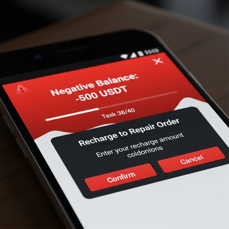 Smartphone screen displaying a fake product optimization job app with a red warning message showing a negative balance of -500 USDT and a pop-up demanding a recharge to repair the order.