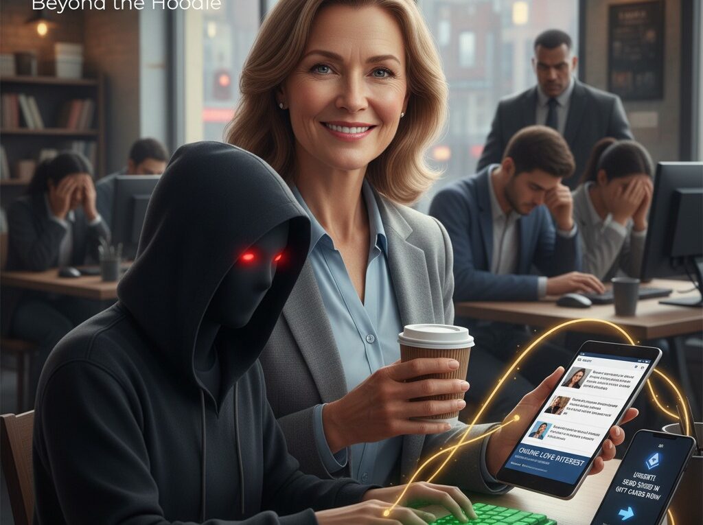 An illustration showing the two faces of a scammer: the stereotype of a shadowy hooded figure, and the reality of a friendly, trustworthy-looking person.