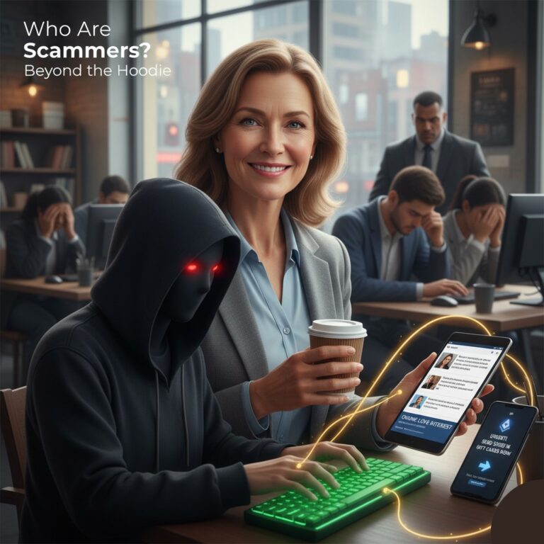 An illustration showing the two faces of a scammer: the stereotype of a shadowy hooded figure, and the reality of a friendly, trustworthy-looking person.