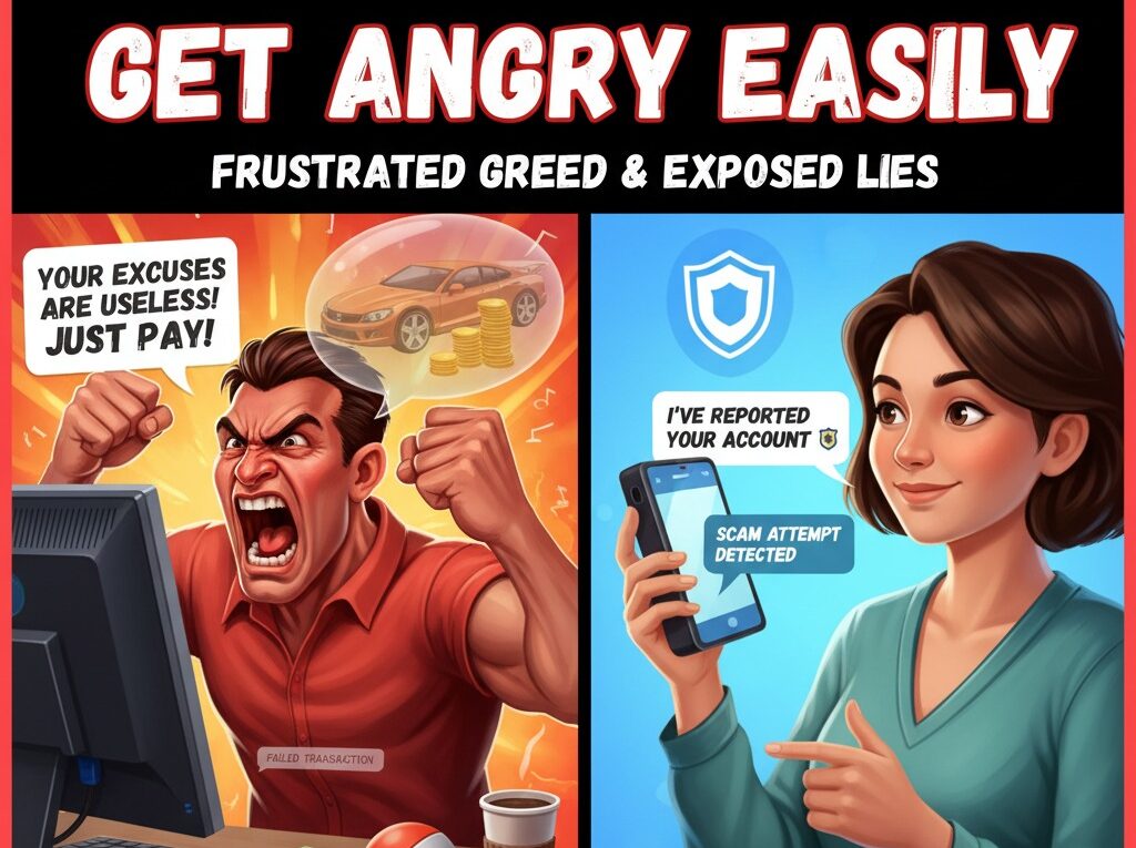Illustration showing angry scammer at computer, frustrated by a failed transaction, and a calm woman reporting a scam attempt on her phone. Text reads: 'Why Scammers Get Angry Easily: Frustrated Greed & Exposed Lies'.