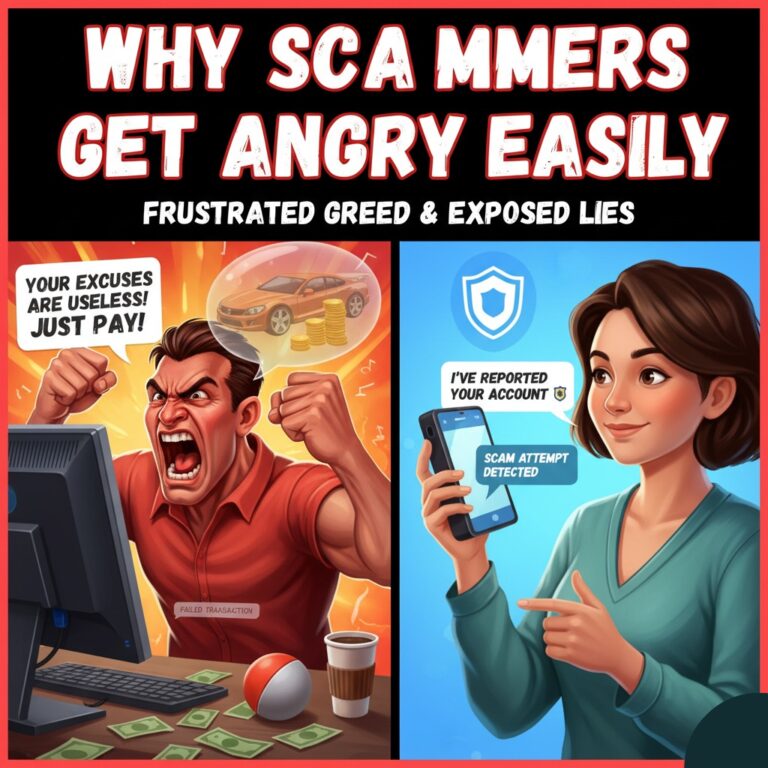 Illustration showing angry scammer at computer, frustrated by a failed transaction, and a calm woman reporting a scam attempt on her phone. Text reads: 'Why Scammers Get Angry Easily: Frustrated Greed & Exposed Lies'.