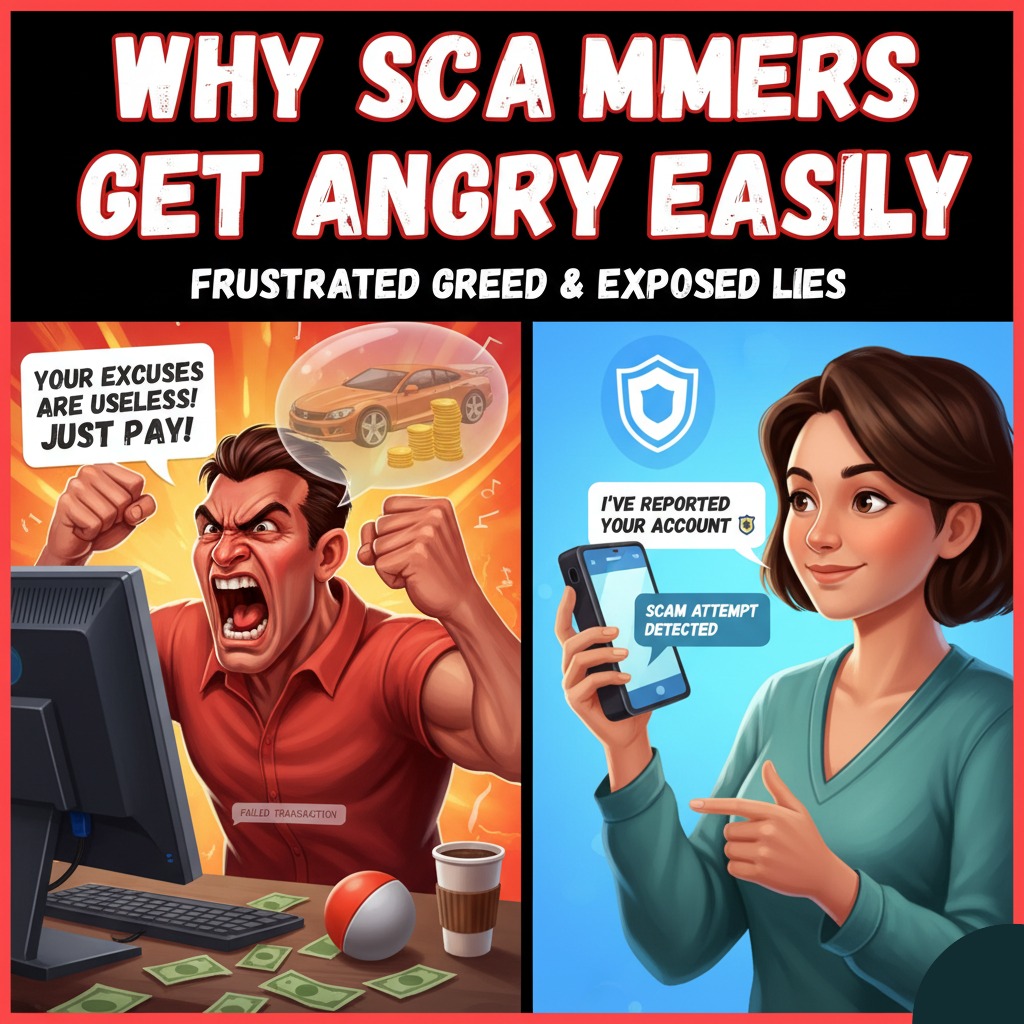 Illustration showing angry scammer at computer, frustrated by a failed transaction, and a calm woman reporting a scam attempt on her phone. Text reads: 'Why Scammers Get Angry Easily: Frustrated Greed & Exposed Lies'.