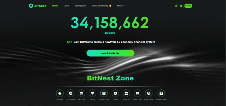 screenshot of BitNest homepage claiming to have $34 Million in liquidity as of December 8, 2026.
