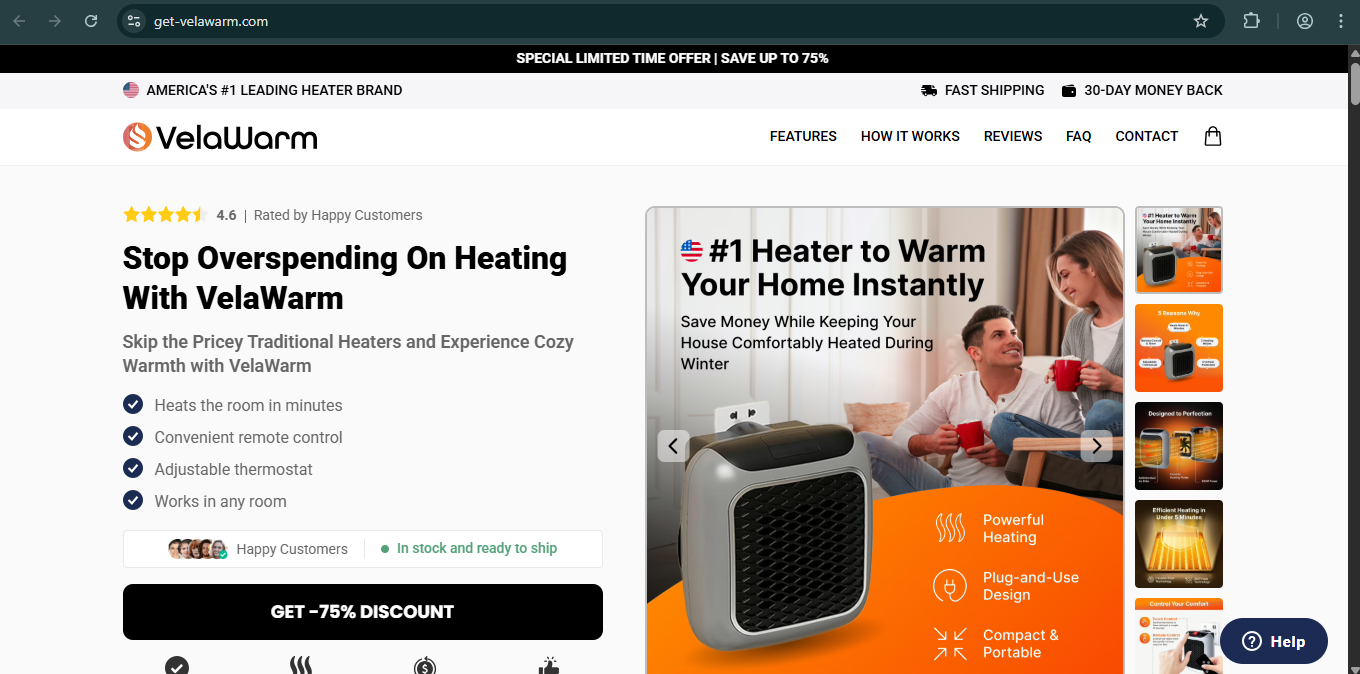 screenshot of the Get-velawarm.com (velawarm) scam store