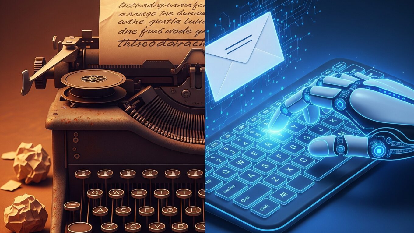 A split-screen illustration showing a rusty typewriter representing old scams on the left and a futuristic glowing AI robot hand typing a perfect email on the right.