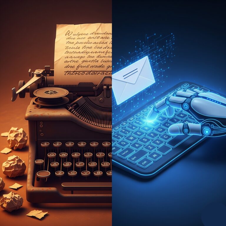 A split-screen illustration showing a rusty typewriter representing old scams on the left and a futuristic glowing AI robot hand typing a perfect email on the right.