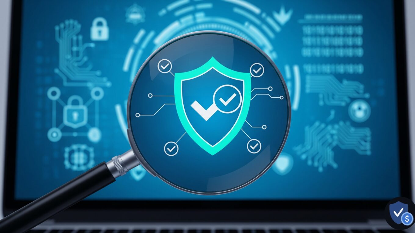 A digital forensics magnifying glass hovering over a laptop shield, symbolizing the best free scam checking tools and website verification processes.