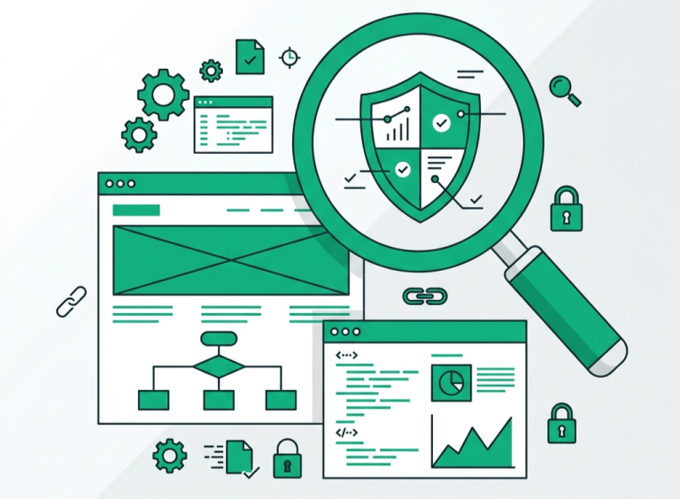 A magnifying glass inspecting a secure digital shield representing the best free tools for scam checking and website safety.
