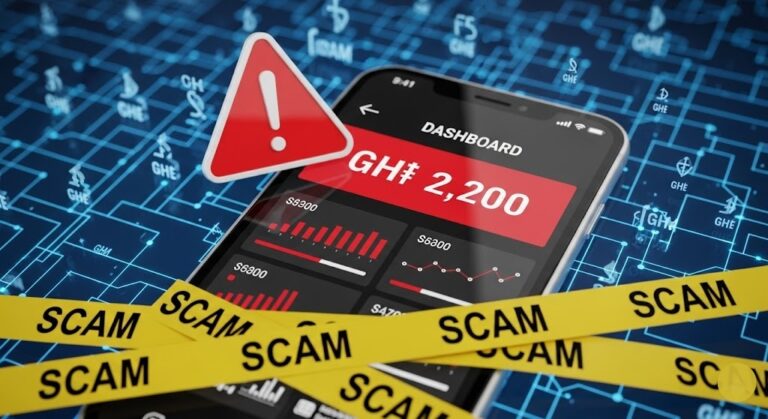 Smartphone displaying fake Clickwages dashboard with GH₵ 2,200 balance wrapped in yellow scam caution tape