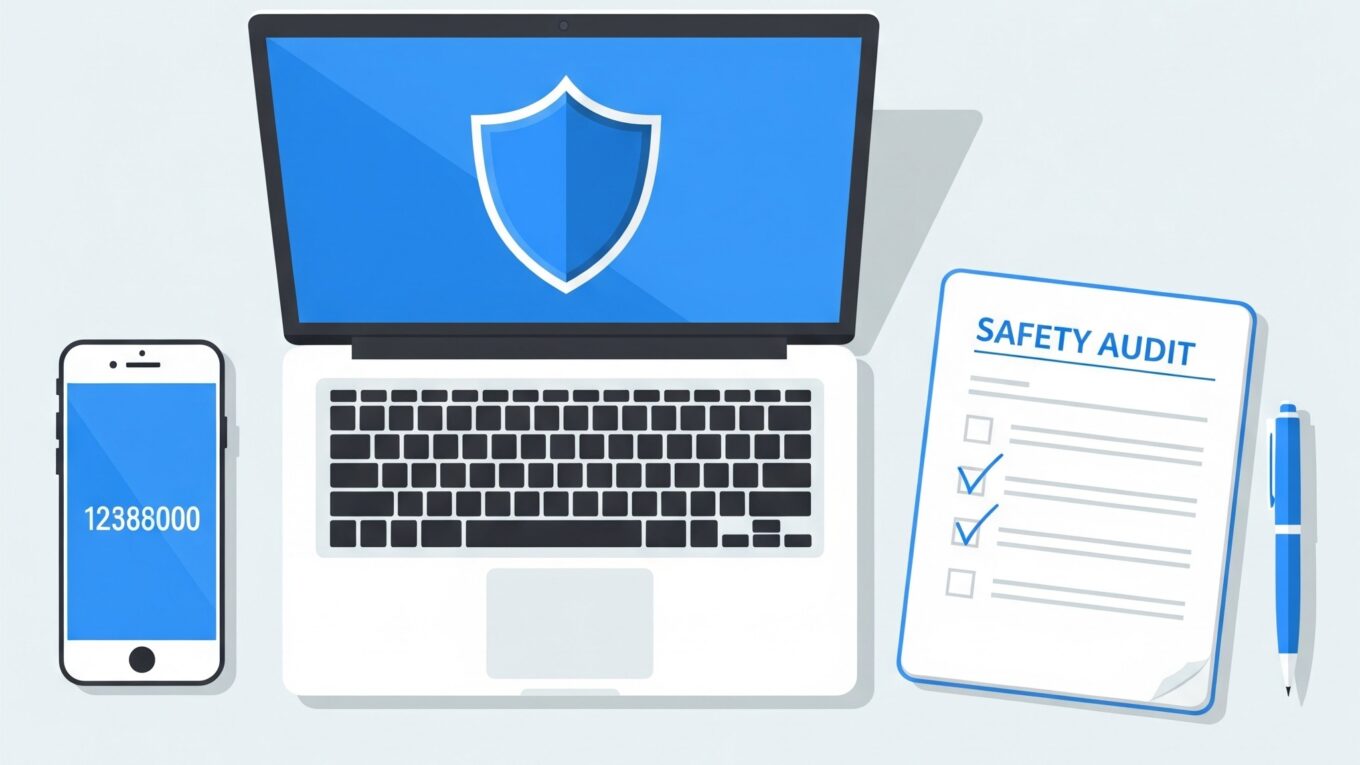 Flat-lay illustration of digital safety tools featuring a laptop with a blue security shield icon, a smartphone displaying a two-factor authentication code, and a notebook with a 'Safety Audit' checklist.