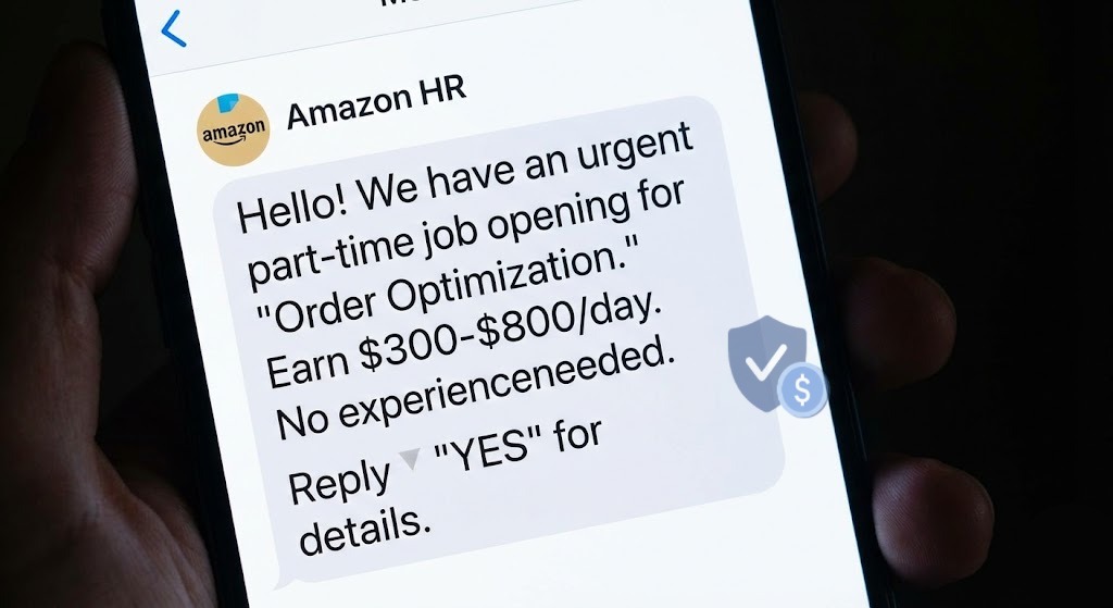 Close-up of a smartphone screen in a dark room displaying a fake Amazon job scam message on WhatsApp from an impersonator.
