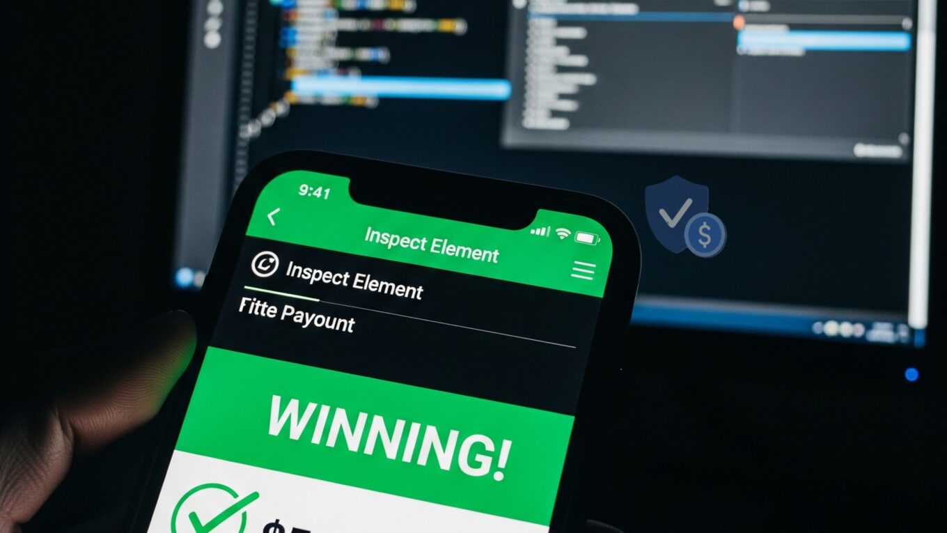 Smartphone displaying a fake winning bet slip with green checkmark created using Inspect Element code on a computer background.
