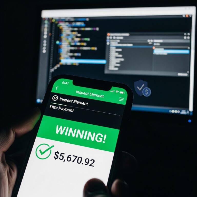 Smartphone displaying a fake winning bet slip with green checkmark created using Inspect Element code on a computer background.