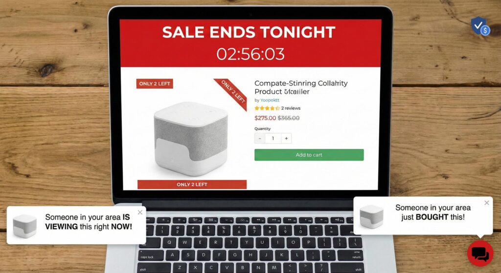 E-commerce website screenshot showing a fake "Sale Ends Tonight" countdown timer, a "2 left in stock" warning, and a "Someone just bought this" pop-up, illustrating false urgency tactics.