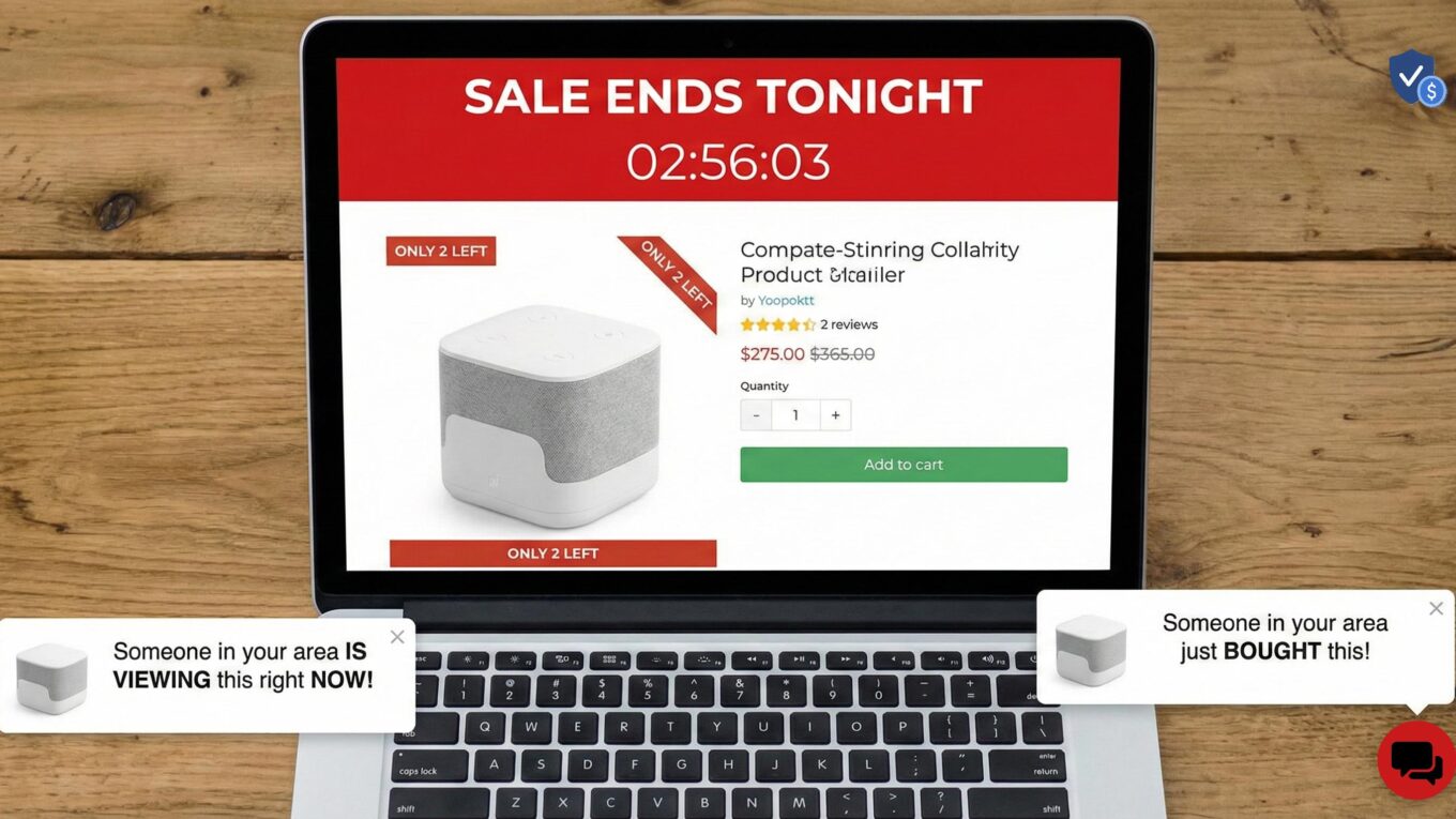 E-commerce website screenshot showing a fake "Sale Ends Tonight" countdown timer, a "2 left in stock" warning, and a "Someone just bought this" pop-up, illustrating false urgency tactics.