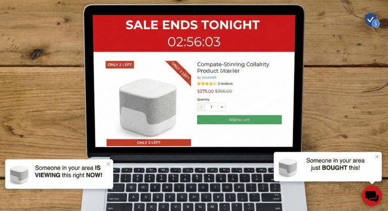 E-commerce website screenshot showing a fake "Sale Ends Tonight" countdown timer, a "2 left in stock" warning, and a "Someone just bought this" pop-up, illustrating false urgency tactics.