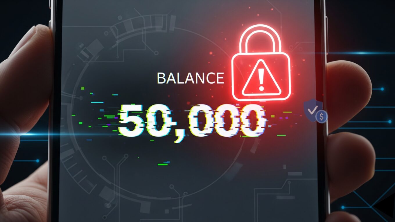 Smartphone screen displaying a fake SportyBet balance of 50,000 with a glitch effect and a red padlock warning, illustrating a betting app scam.