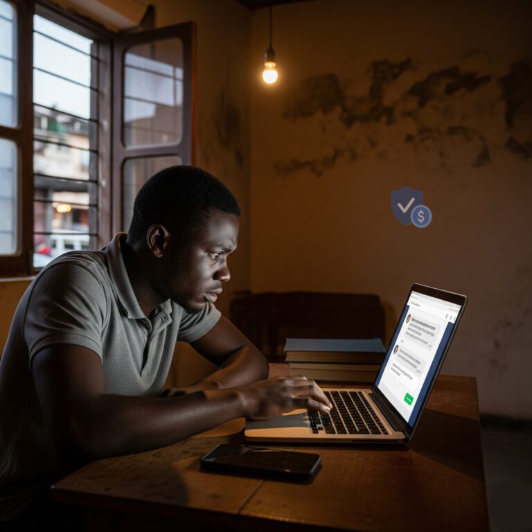 Stressed Ghanaian university graduate sitting in a dimly lit room looking at a fake NSS recruitment message on a laptop screen.