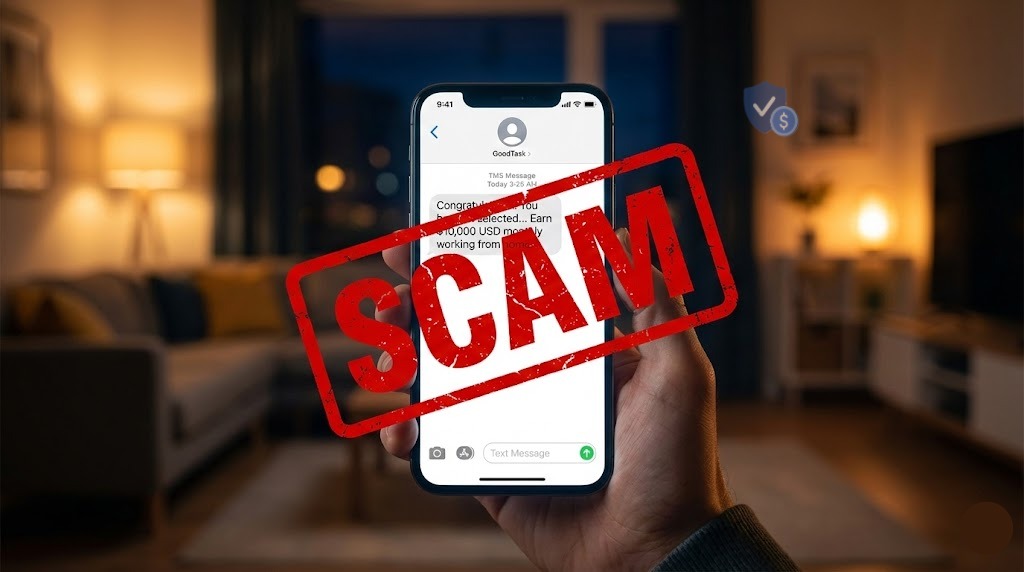 Phone screen showing a fake GoodTask SMS message promising a $10,000 monthly salary, with a red SCAM stamp warning.