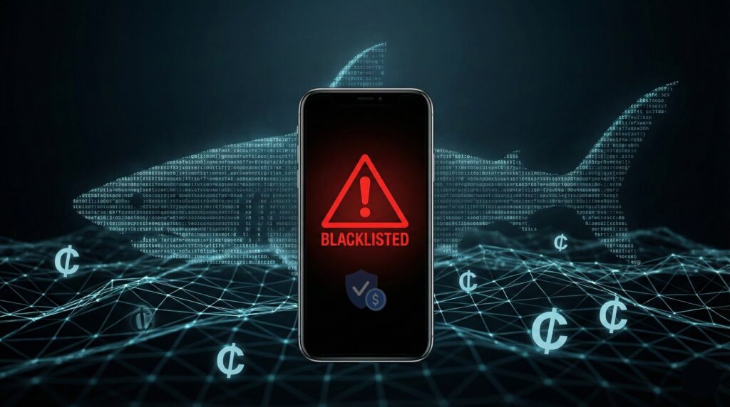 A smartphone screen glowing red with a blacklisted warning icon, shadowed by a digital shark fin representing illegal loan apps in Ghana trapping Ghana Cedi currency
