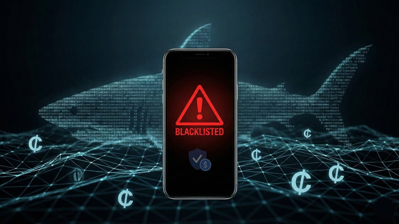 A smartphone screen glowing red with a blacklisted warning icon, shadowed by a digital shark fin representing illegal loan apps in Ghana trapping Ghana Cedi currency