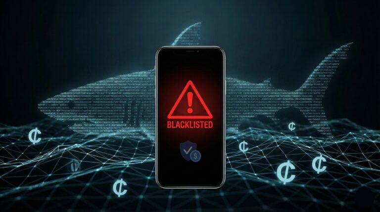 A smartphone screen glowing red with a blacklisted warning icon, shadowed by a digital shark fin representing illegal loan apps in Ghana trapping Ghana Cedi currency