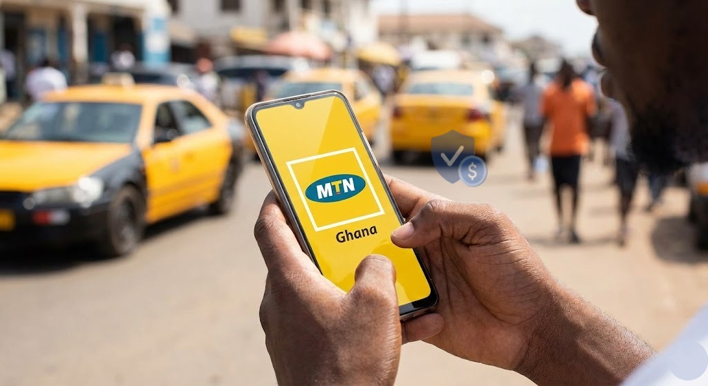 Close-up of smartphone with a security shield icon representing MTN Mobile Money safety and fraud prevention in a Ghanaian market setting.