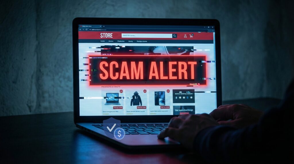 Laptop screen displaying a bright red scam alert warning for fake online stores using the email address proffittsstysr@gmail.com.