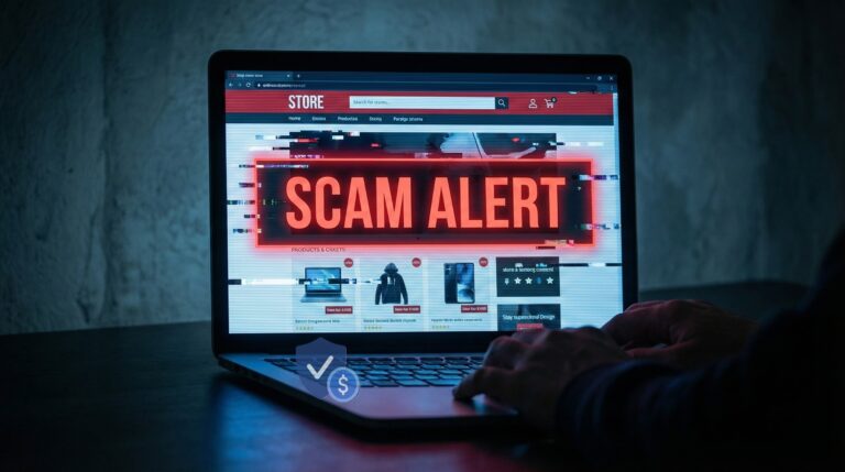 Laptop screen displaying a bright red scam alert warning for fake online stores using the email address proffittsstysr@gmail.com.