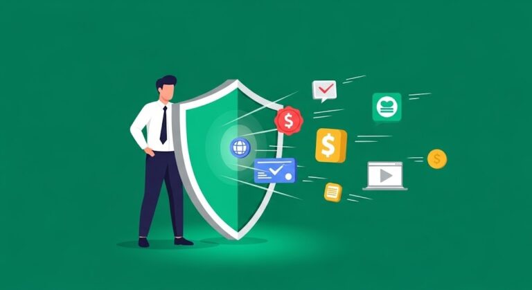 A professional using a large green digital shield to block online fraud attempts including phishing emails and fake financial alerts.