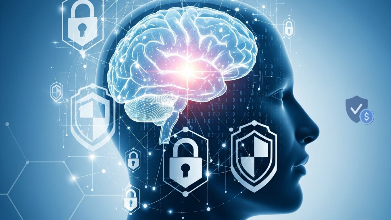 Digital illustration of a human silhouette with a glowing brain highlighting the amygdala, surrounded by shield icons representing a psychological firewall against online fraud and social engineering.