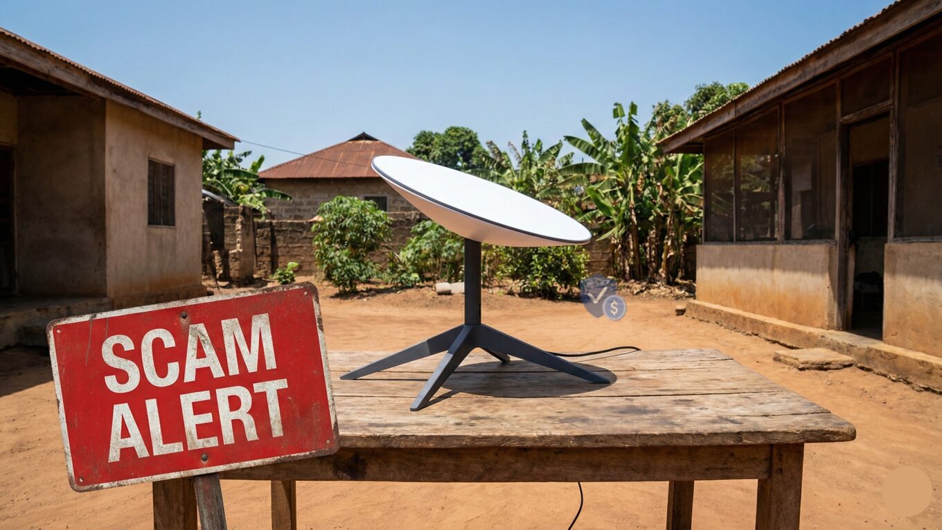 Starlink Mini dish sitting on a table in a Ghanaian courtyard with a red Scam Alert sign, warning against fake lifetime internet deals on WhatsApp.