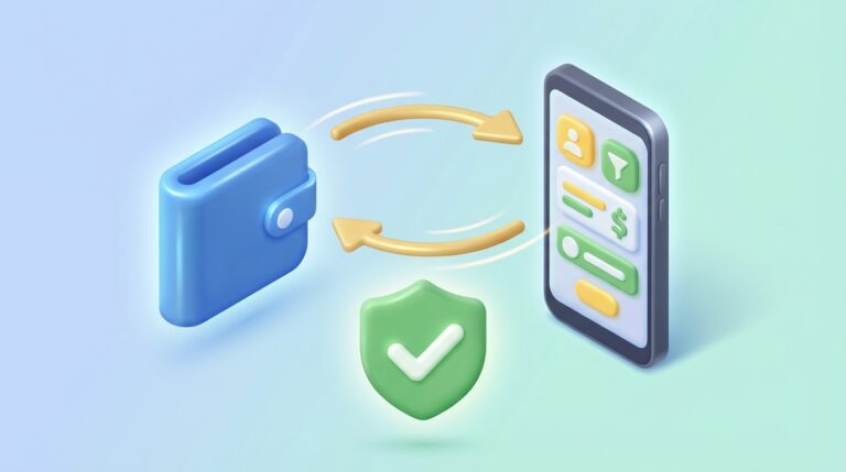 3D illustration showing a secure exchange between a PayPal wallet and Mobile Money smartphone in Ghana.