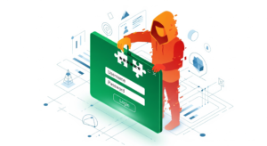 Digital illustration of an account takeover (ATO) attack with a hacker accessing a user login.