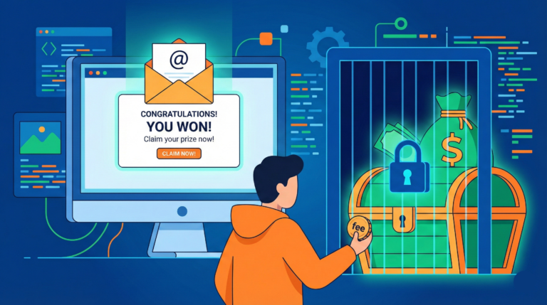 Flat vector illustration of a user paying a small fee to unlock a large treasure chest behind a digital gate on a computer screen.