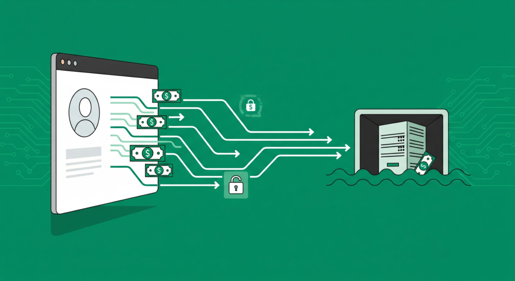 Flat vector illustration showing money flowing into a digital trap representing the AI Wealth Machine financial scam using an emerald green color palette.