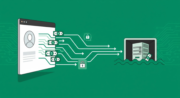 Flat vector illustration showing money flowing into a digital trap representing the AI Wealth Machine financial scam using an emerald green color palette.