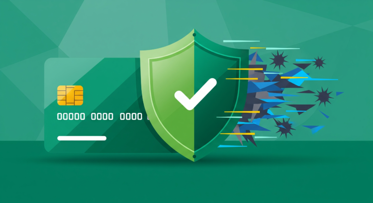 Green credit card secured behind a protective shield blocking digital fraud