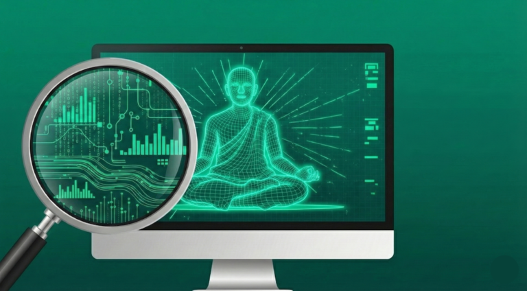 A magnifying glass revealing data charts and digital circuits over a computer monitor displaying a glowing green wireframe of a meditating figure.